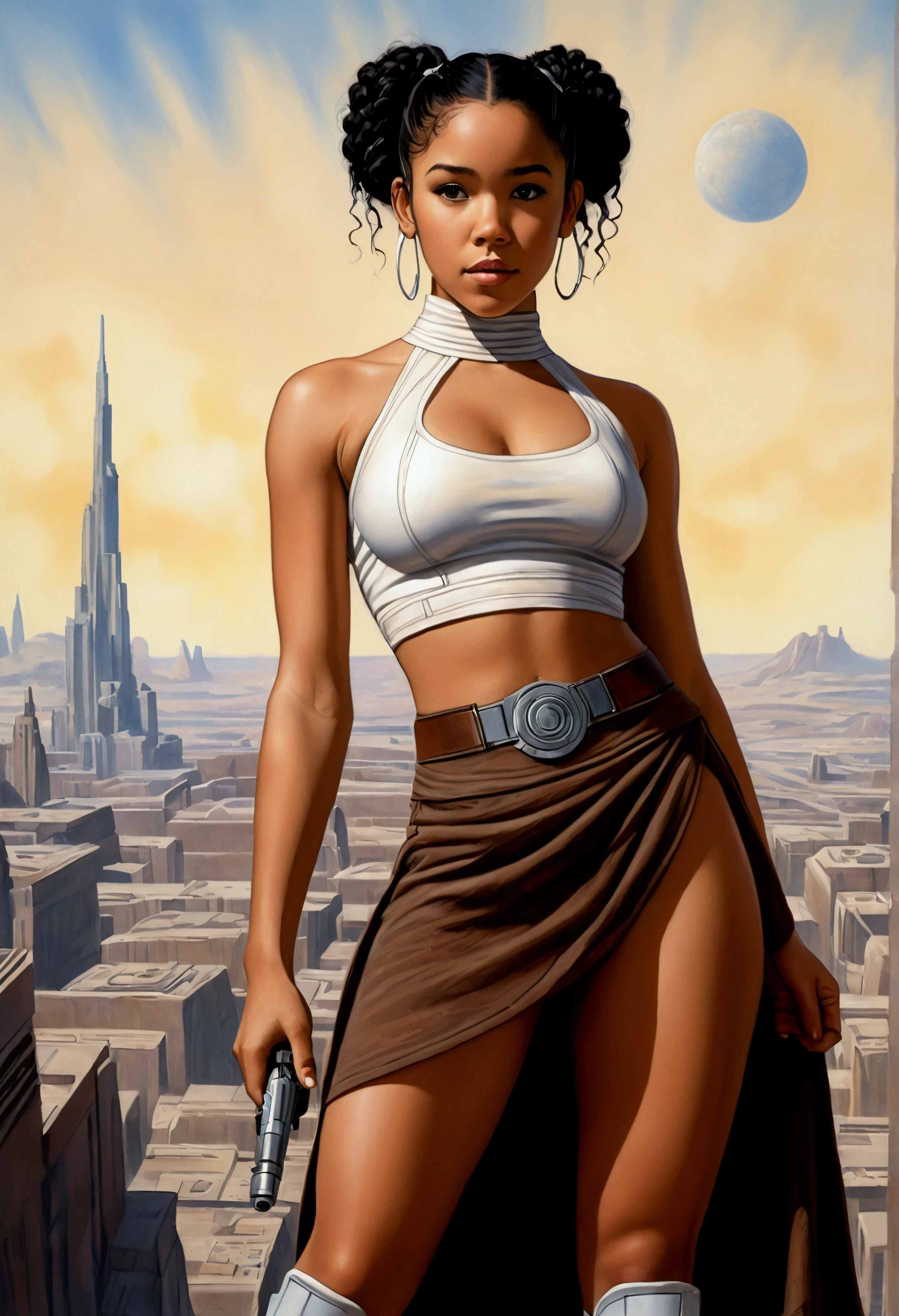 An illustrated movie poster, hand-drawn, full color, a teenage Jedi, 18-years-old, female, wearing a crop top and a skirt, athletic hourglass figure, busty bosoms, full wide hips, massive round butt, long shapely legs, ridiculously thick powerful thighs, hazel eyes, dark hair, curly ponytail, warm brown complexion, resembles Alexandra Shipp, standing above Coruscant, graphite shading, stencil marks, airbrushed acrylic paint, masterpiece, in the style of Drew Struzan