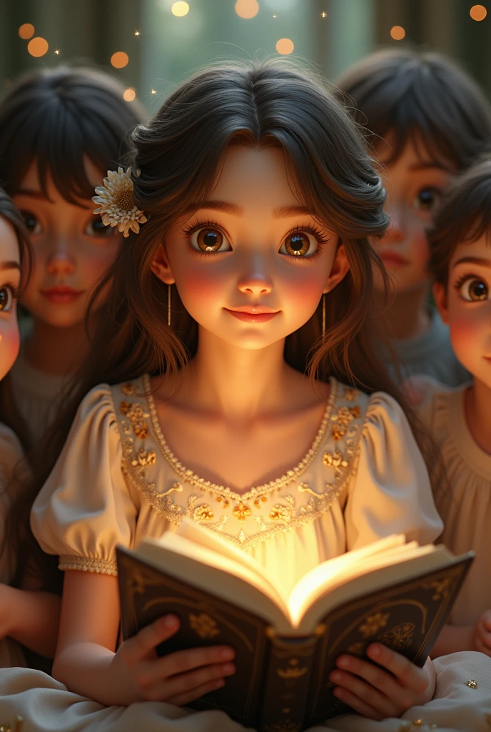 create a very beautiful light-eyed brunette girl who tells fairy tales for children