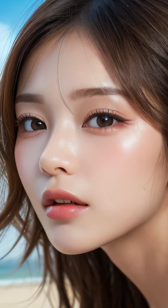 Tabletop, Highest quality, figure, Very detailed, In detail, High resolution, 8k wallpaper, Perfect dynamic composition, Beautiful attention to detail , Beach, Sexy Face,A face of ecstasy,The face at the peak of sexual arousal, (The eyelashes on both eyes are equal and beautiful.)