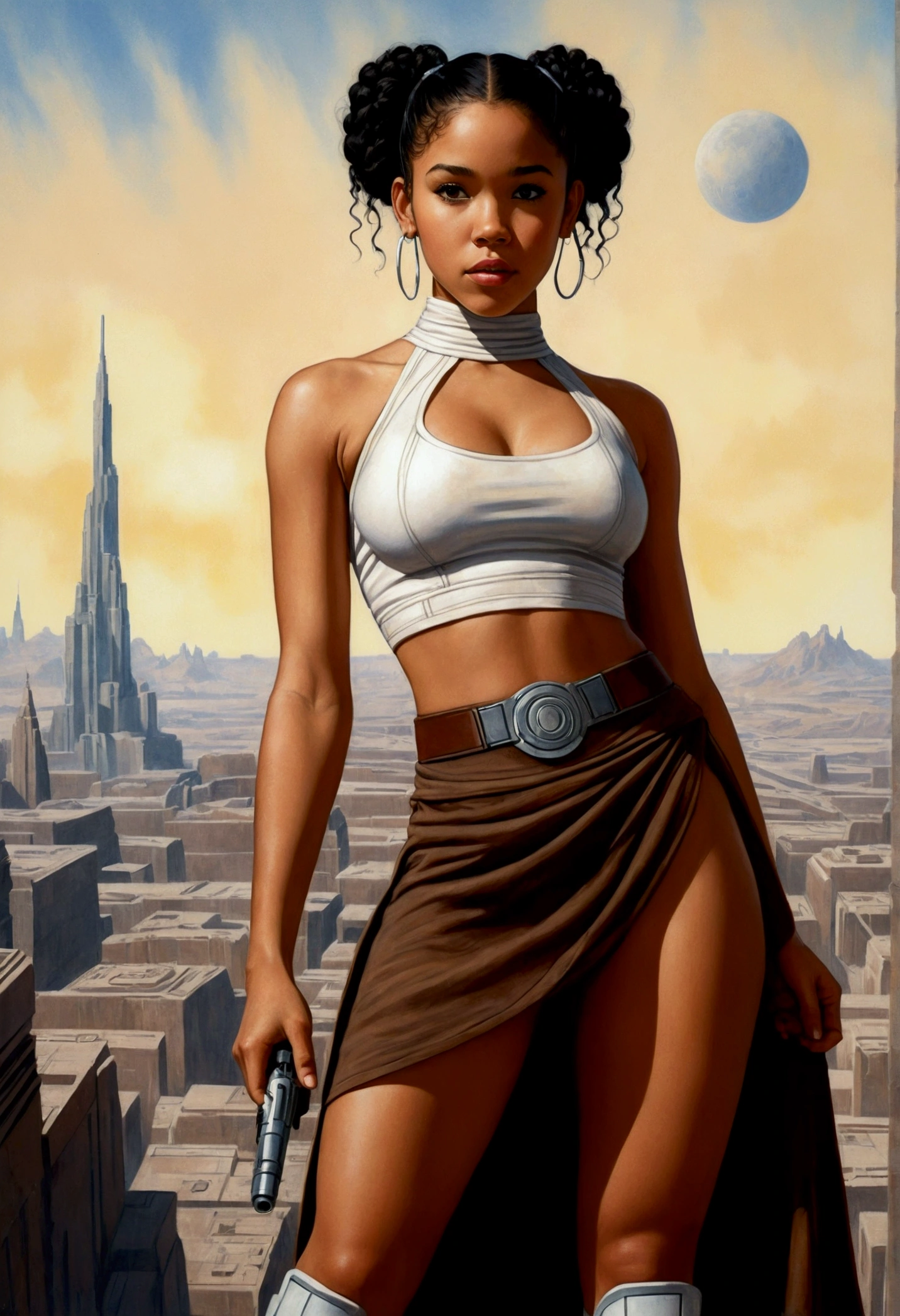 An illustrated movie poster, hand-drawn, full color, a teenage Jedi, 18-years-old, female, wearing a crop top and a skirt, athletic hourglass figure, busty bosoms, full wide hips, massive round butt, long shapely legs, ridiculously thick powerful thighs, hazel eyes, dark hair, curly ponytail, warm brown complexion, resembles Alexandra Shipp, standing above Coruscant, graphite shading, stencil marks, airbrushed acrylic paint, masterpiece, in the style of Drew Struzan