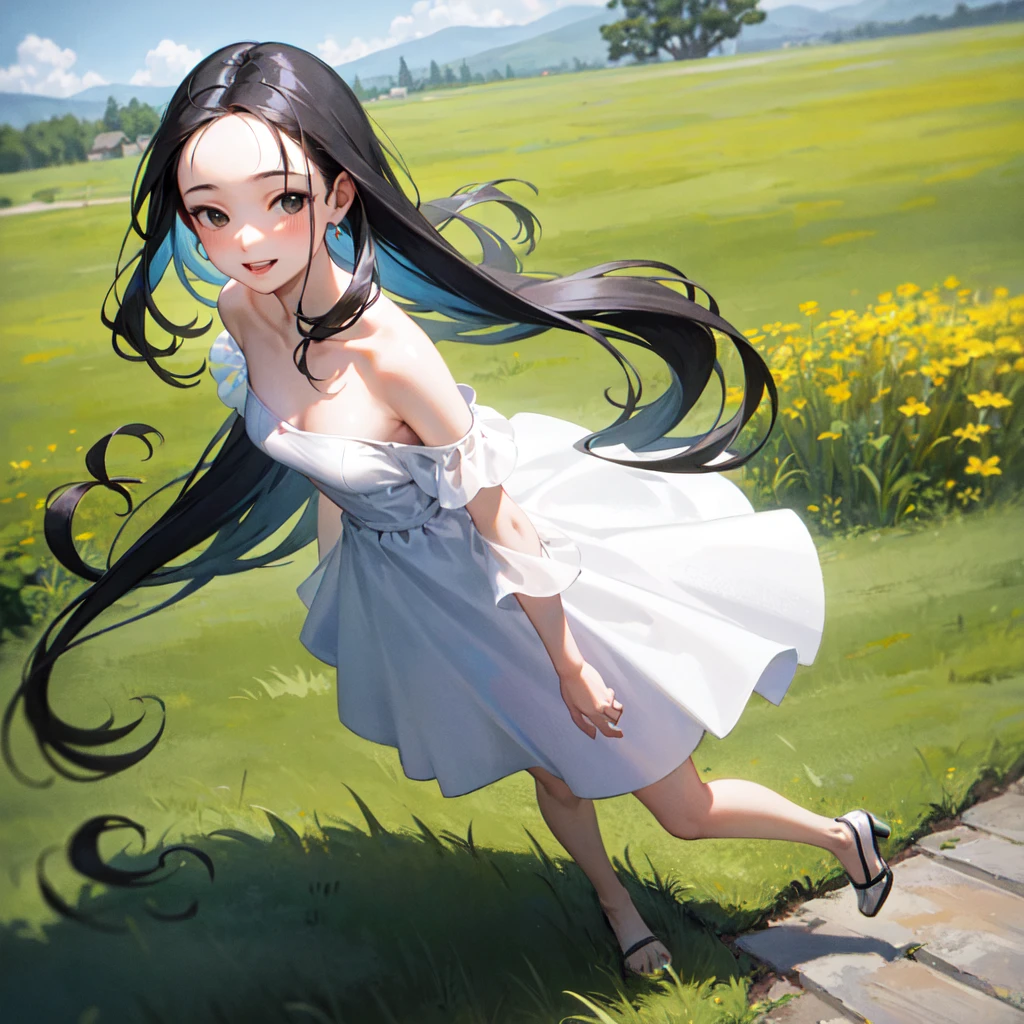 masterpiece, best quality, ultra-detailed,hyperrealistic,shiny skin,1girl,forehead,(plain forehead)+,black hair,long hair,black eyes,,(white dress,off shoulder summer dress)+,small breasts,dynamic angle,blowing in the wind,walking in the meadow,smile,fullbody shot,

