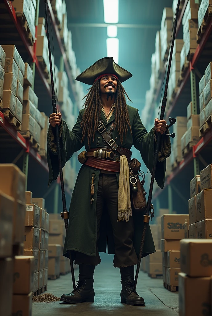 Create an image of Jack Sparrow, who is standing in front of a lot of packages and has several fishing rods and fishing equipment in his hand. 
Jack Sparrow is said to be in a returns warehouse for fishing equipment.
He should laugh
