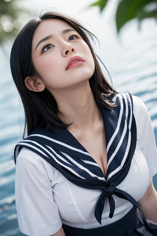 ((Melancholic expression))、((Sad face))、((Angry face))、((Crying face))、(長いBlack Hair)、((((Looking up at the viewer))))、((Highest quality、8k、masterpiece))、Sharp focus:1.2、、((Cleavageが見える))、((Big Breasts))、(Cleavage)、masterpiece、Highest quality、Woman 1、Very detailed、The view looking up from directly below　Black Hair　Face seen from below　((Japanese schoolgirl))、((Summer sailor uniform))、Pleated skirt、((Big Breasts))、(Cleavage))、Under the chest、Chest seen from below　Let me me&#39;Let me&#39;Let&#39;s take a look under the sailor suit,((A slightly higher angle))、((from the front))
