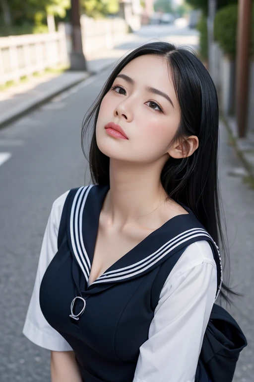 ((Melancholic expression))、((Sad face))、((Angry face))、((Crying face))、(長いBlack Hair)、((((Looking up at the viewer))))、((Highest quality、8k、masterpiece))、Sharp focus:1.2、、((Cleavageが見える))、((Big Breasts))、(Cleavage)、masterpiece、Highest quality、Woman 1、Very detailed、The view looking up from directly below　Black Hair　Face seen from below　((Japanese schoolgirl))、((Summer sailor uniform))、Pleated skirt、((Big Breasts))、(Cleavage))、Under the chest、Chest seen from below　Let me me&#39;Let me&#39;Let&#39;s take a look under the sailor suit,((A slightly higher angle))、((from the front))