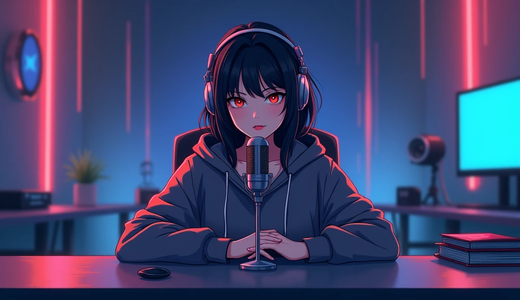 ((Masterpiece)), (((Best Quality)))),Create an anime-friendly looking female character with headphones who appears handsome and smart.with headphones , SHe has a good face and is wearing a hoodie. The character is sitting behind microphone in office, with microphone infront, with his arms on the desk. It is night, and the room a digital futuristic studio background. The female character is front-facing to the camera, looking straight and centered. This is a central portrait with an audio microphone on the desk near his mouth. The character's face should occupy about 1/3 of the image size. He is sitting straight, front view, and centered, looking straight ahead. The overall ambiance of the image should convey a connection to minimalism, with flat illustration, bold lines, simplification, and a gouache illustration style. The image should be in 8K resolution.