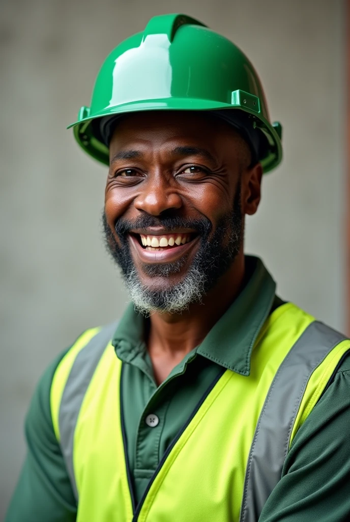 Generate three quater view of a smiling African maintenance man in green reflector and green helmet