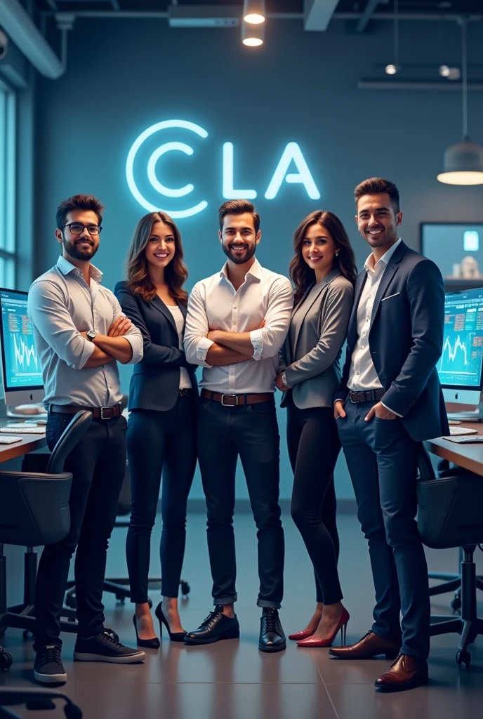 "Create an image of a team of analysts consisting of 5 people of different genders with a snow-white smile and an athletic build. They should have a confident and inviting expression on their face., They should be dressed in casual, non-formal clothes and stand in the office. Design must convey professionalism, trust and innovation, and subtle elements of digital technology or blockchain in the background should highlight the company's technological focus. The overall look should be stylish., professional and attractive. The background is an office where employees sit and analyze cryptocurrency charts on their computers., On the walls there is the company logo, 3 large letters CLA and a clearly legible inscription Cripto labs analytics»