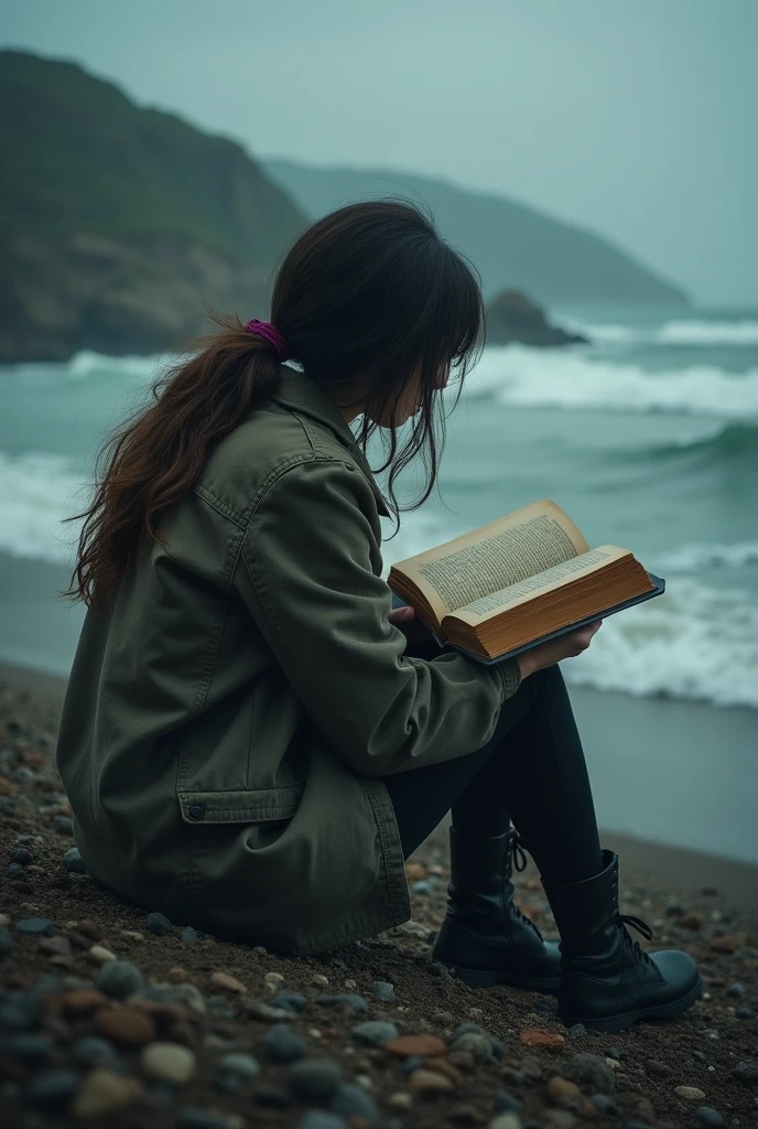 A female reading A novel on the sea shore background dark cloud and sea.top View from her shoulder. Close up book image.
