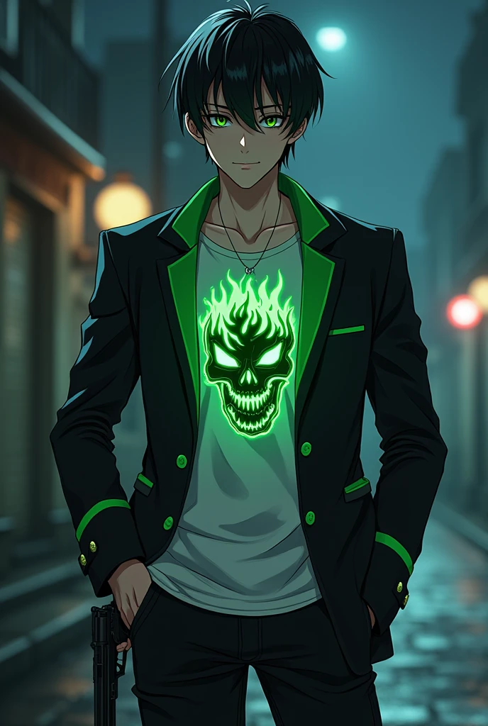 A 1 anime handsome guy with flashy green eyes , a pistol in his right hand , a black fit jacket with green lined on it and a white t-shirt with a picture of skull burning in green flames in the middle of that . black neat hair and a devilish little smile on lips , a strong body as a sign of exerciser being , standing in front of you and poser while a left hand is in his dark blue jean's pocket . white skin , in night view on a quiet street
