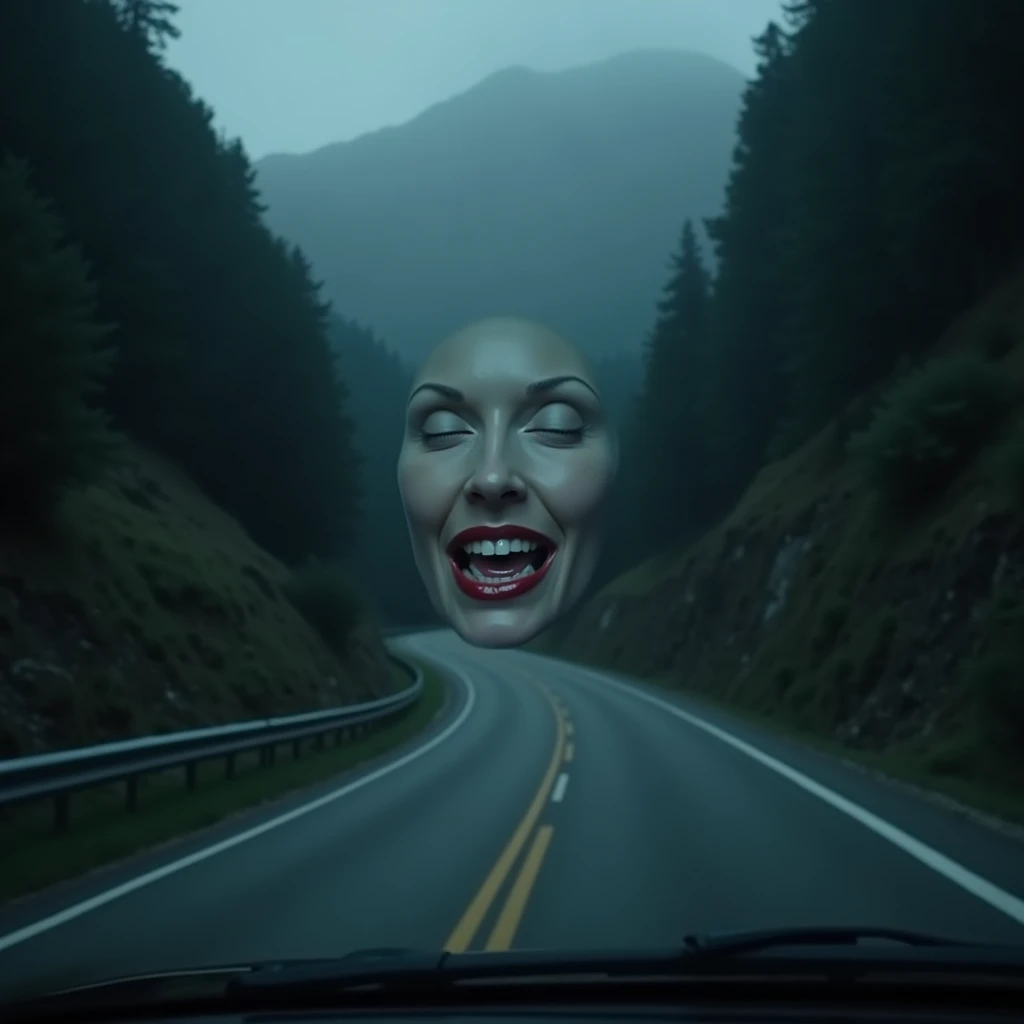 Rear-mounted camera captures a subjective image of a winding mountain road, shrouded in pitch blackness, with only the headlights illuminating the asphalt. The narrow path hugs the steep slope, sharp curves ahead. Suddenly, a guardrail appears, and as I turn the wheel, a ghostly figure materializes - a stunning woman in a white sheer negligee, her face inches from the lens, smiling seductively into my eyes., perfectly beautiful body, super detailed skin, glossy skin, Beautifully detailed mouth, beautifully detailed teeth, beautifully detailed fangs, beautifully detailed tongue, beautifully detailed lips, masterpiece, incredibly absurd res, absolutely resolution, ultra high res,