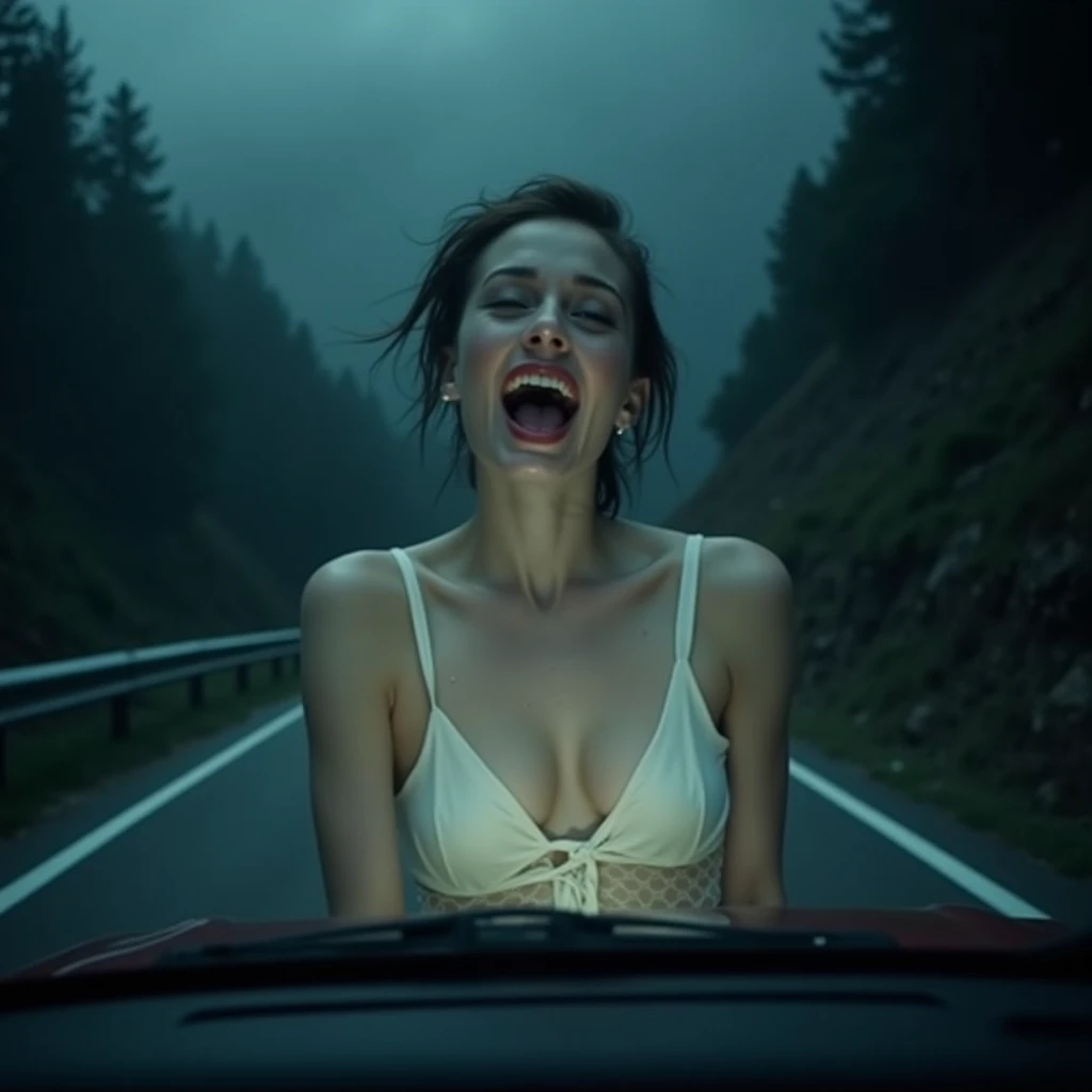 Rear-mounted camera captures a subjective image of a winding mountain road, shrouded in pitch blackness, with only the headlights illuminating the asphalt. The narrow path hugs the steep slope, sharp curves ahead. Suddenly, a guardrail appears, and as I turn the wheel, a ghostly figure materializes - a stunning woman in a white sheer negligee, her face inches from the lens, smiling seductively into my eyes., perfectly beautiful body, super detailed skin, glossy skin, Beautifully detailed mouth, beautifully detailed teeth, beautifully detailed fangs, beautifully detailed tongue, beautifully detailed lips, masterpiece, incredibly absurd res, absolutely resolution, ultra high res,