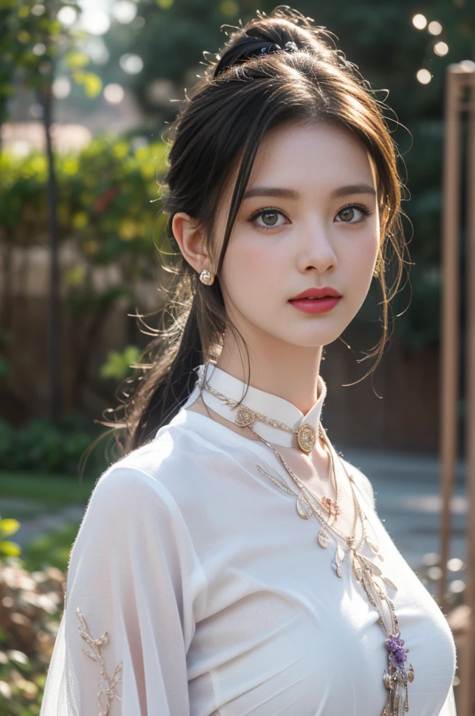 1 beautiful girl in Hanfu costume, ((white thin purple silk shirt with a lot of texture)), white lace top, long purple platinum ponytail Hair, Jewelry, ear jewelry, necklaces and necklaces, carefully drawn big purple eyes, makeup careful, thin eyebrows, high nose, beautiful red lips, no smile, pursed lips, rosy cheeks, wide breasts, big breasts, proportional breasts, slim waist, purple fishnet socks, chinese hanfu style, fictional art texture, colorful bright and realistic, RAW Photo, Realistic Photo, ultra high quality 8k surreal photo, (effective fantasy light effect: 1.8), 10x pixels, magical effect (Background): 1.8), ultradetailed eyes, full body portrait of girl , Chinese royal garden background, dynamic pose