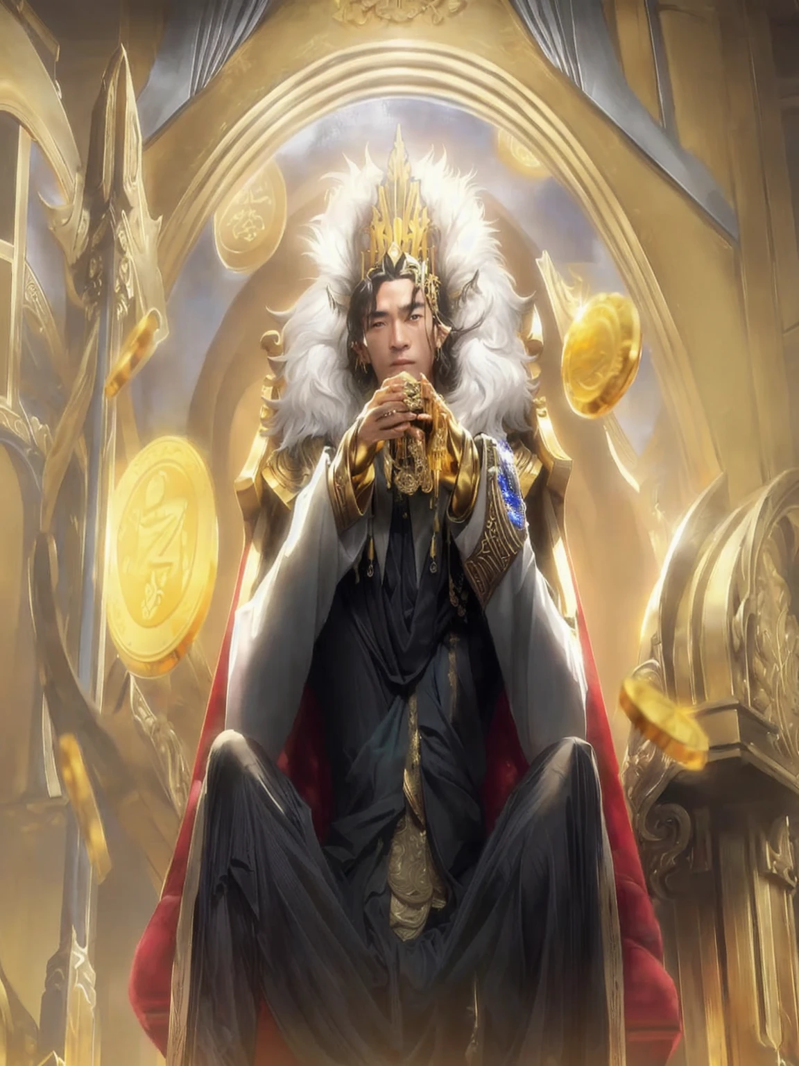 a close up of a man sitting on a throne with a bunch of coins, by Yang J, sylas, flaunting his wealth, inspired by Huang Shen, sakimichan frank franzzeta, casimir art, loong, artgrem, gold noble, sitting in a gilded throne, doing a hot majestic pose, thertrevkaiser