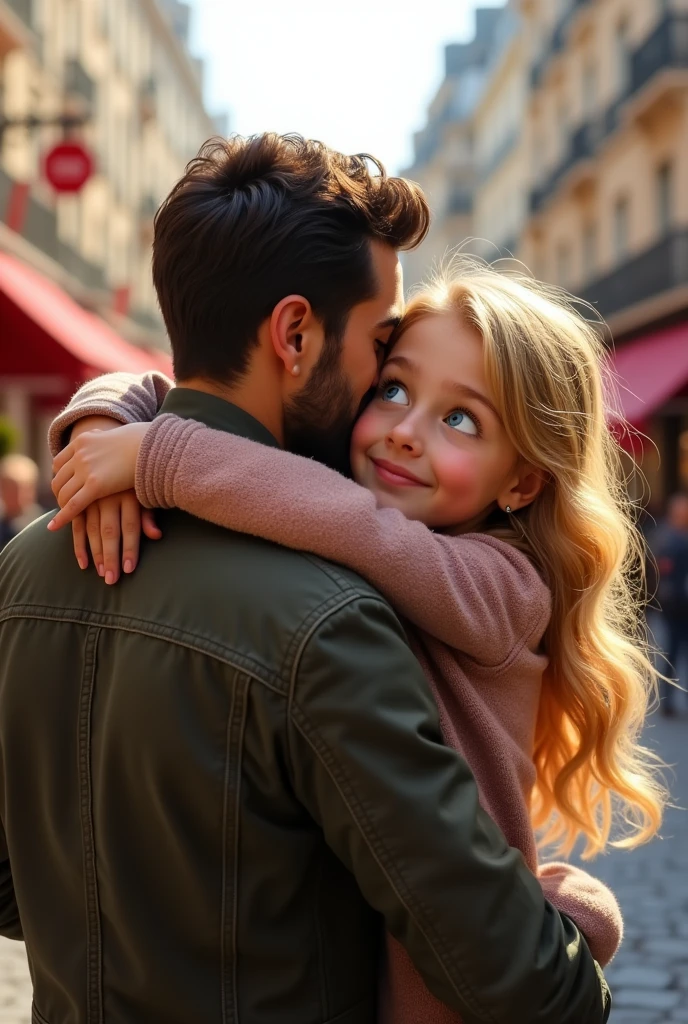 Blonde girl blue eyes hugging her father dark brown hair and brown eyes on the streets of Paris 8k ultrarealistic photorealistic