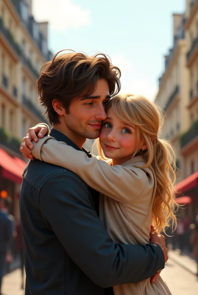 Blonde girl blue eyes hugging her father dark brown hair and brown eyes on the streets of Paris 8k ultrarealistic photorealistic