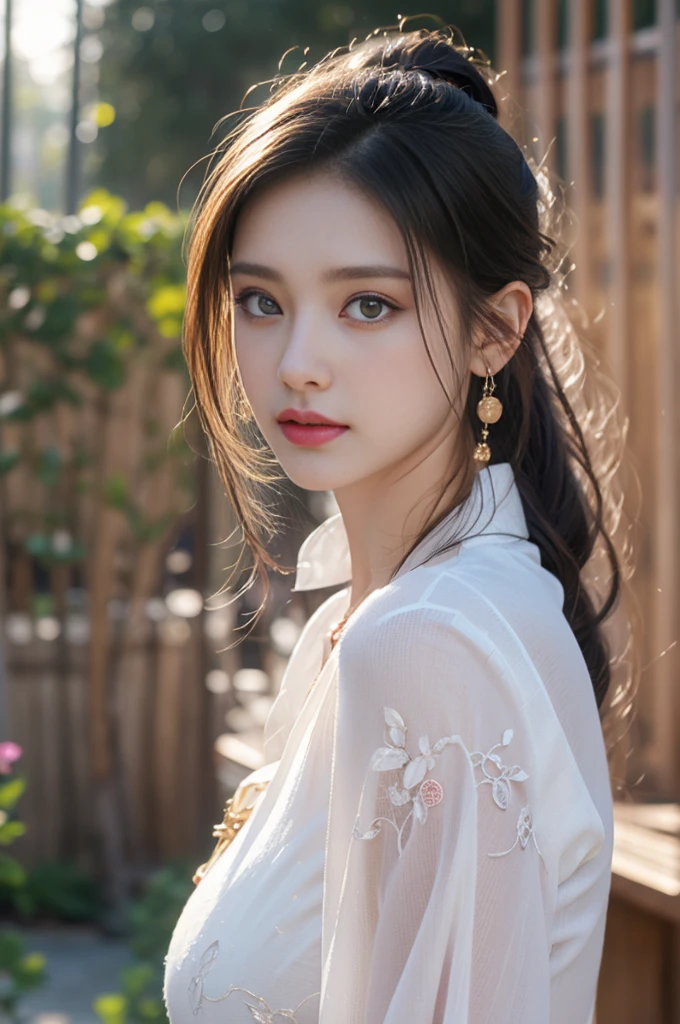 1 beautiful girl in Hanfu costume, ((white thin purple silk shirt with a lot of texture)), white lace top, long purple platinum ponytail Hair, Jewelry, ear jewelry, necklaces and necklaces, carefully drawn big purple eyes, makeup careful, thin eyebrows, high nose, beautiful red lips, no smile, pursed lips, rosy cheeks, wide breasts, big breasts, proportional breasts, slim waist, purple fishnet socks, chinese hanfu style, fictional art texture, colorful bright and realistic, RAW Photo, Realistic Photo, ultra high quality 8k surreal photo, (effective fantasy light effect: 1.8), 10x pixels, magical effect (Background): 1.8), ultradetailed eyes, full body portrait of girl , Chinese royal garden background, dynamic pose
