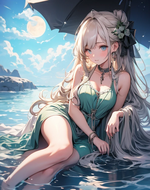 Attention to detail, high quality, high resolution, 4K, 8k,masterpiece, best quality，8K, Ultra-high resolution, a girl relaxing in a hot spring, she has long linen hair, flowing hair, beautiful eyes, green eyes, moon on the sky, reflect