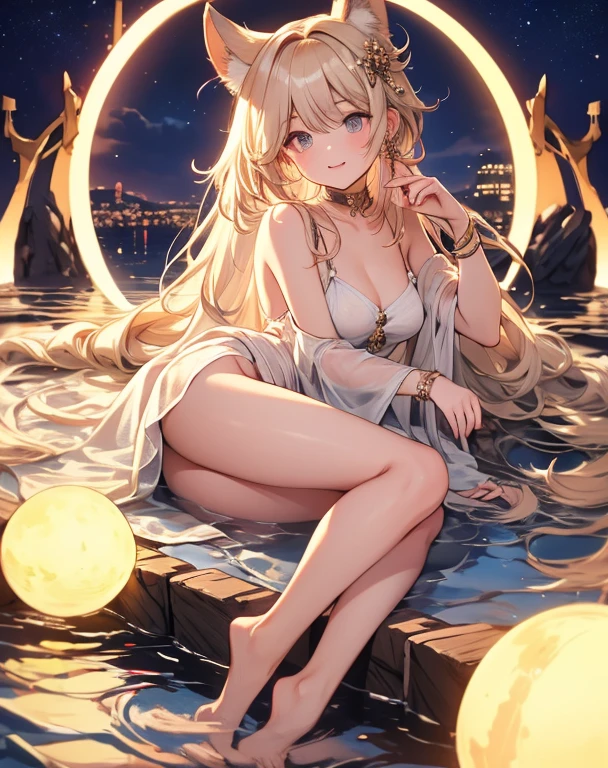 Attention to detail, high quality, high resolution, 4K, 8k,masterpiece, best quality，8K, Ultra-high resolution, a girl relaxing in a hot spring, she has long linen hair, flowing hair, beautiful eyes, green eyes, moon on the sky, reflect