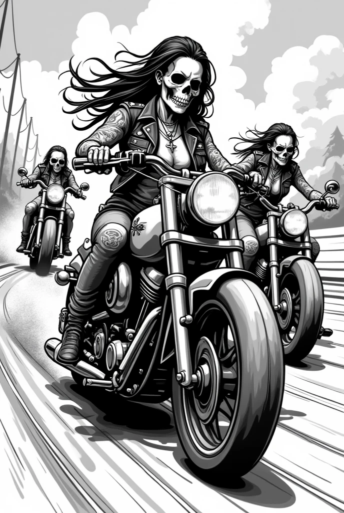 (Black and white doodle style cartoon) several women, Holy Death, MOTORCLUB, leather vest, moto custom, race track, tattooed, brotherhood, Motorcyclists, moto custom, mexican skull face, helmet, 