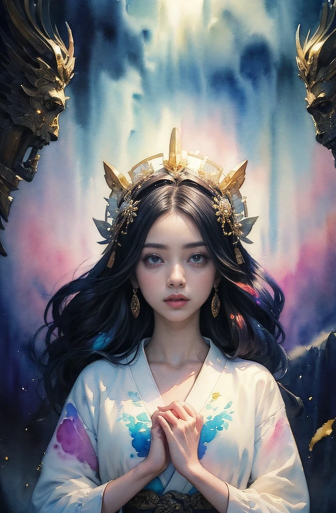 (Tabletop, Highest qualityの, Highest quality, Official Art, (beautifully、aesthetic:1.4), (Watercolor:1.4) ), (Izanami 1.5), 日本のgod話の女god, Majestic beauty, 創造の女god、生命の女god、Typically、((((Typically))))、Reincarnation Support, god'Grace, Gentle and meditative expressions, Flowing, celestial garments, Shine、Created all the landscapes and worlds on Earth, A dazzling dance of light, Whispers of Ancient Legends、Make your hands more beautiful、Make your fingers look more beautiful