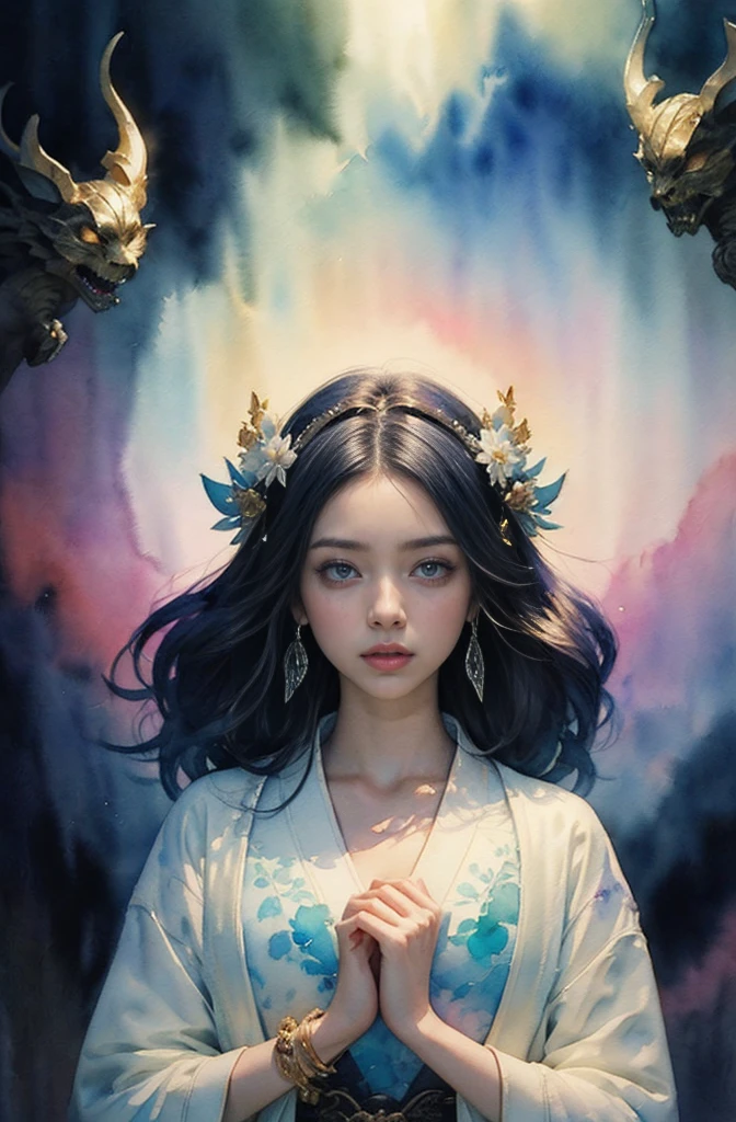 (Tabletop, Highest qualityの, Highest quality, Official Art, (beautifully、aesthetic:1.4), (Watercolor:1.4) ), (Izanami 1.5), 日本のgod話の女god, Majestic beauty, 創造の女god、生命の女god、Typically、((((Typically))))、Reincarnation Support, god&#39;Grace, Gentle and meditative expressions, Flowing, celestial garments, Shine、Created all the landscapes and worlds on Earth, A dazzling dance of light, Whispers of Ancient Legends、Make your hands more beautiful、Make your fingers look more beautiful
