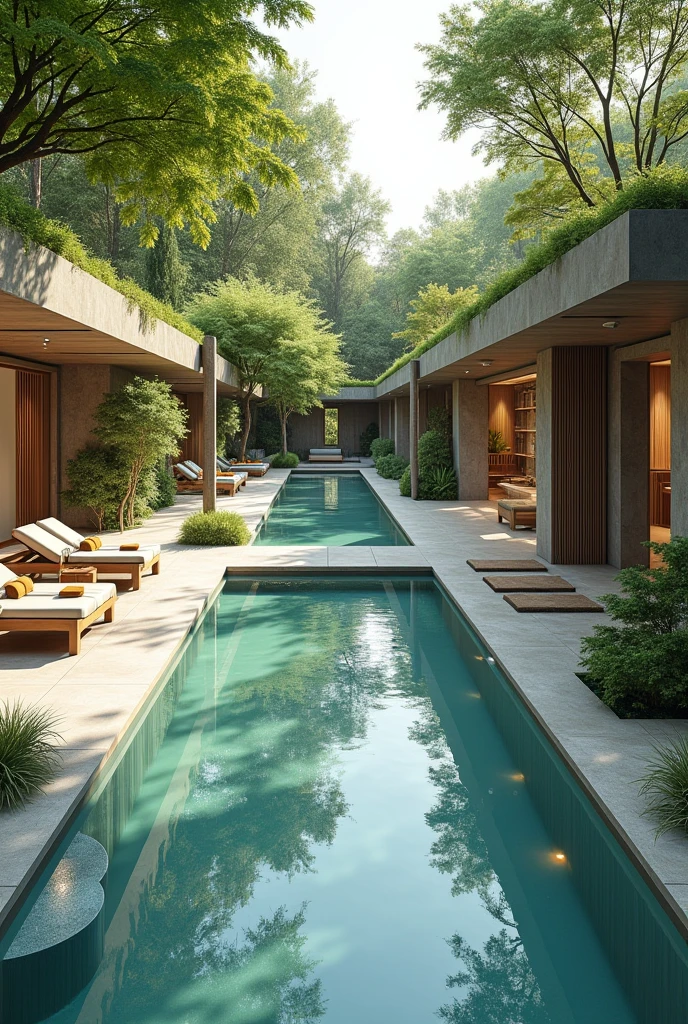 A plan where there is a pool and outdoor showers, a dressing room and a sauna and water garden