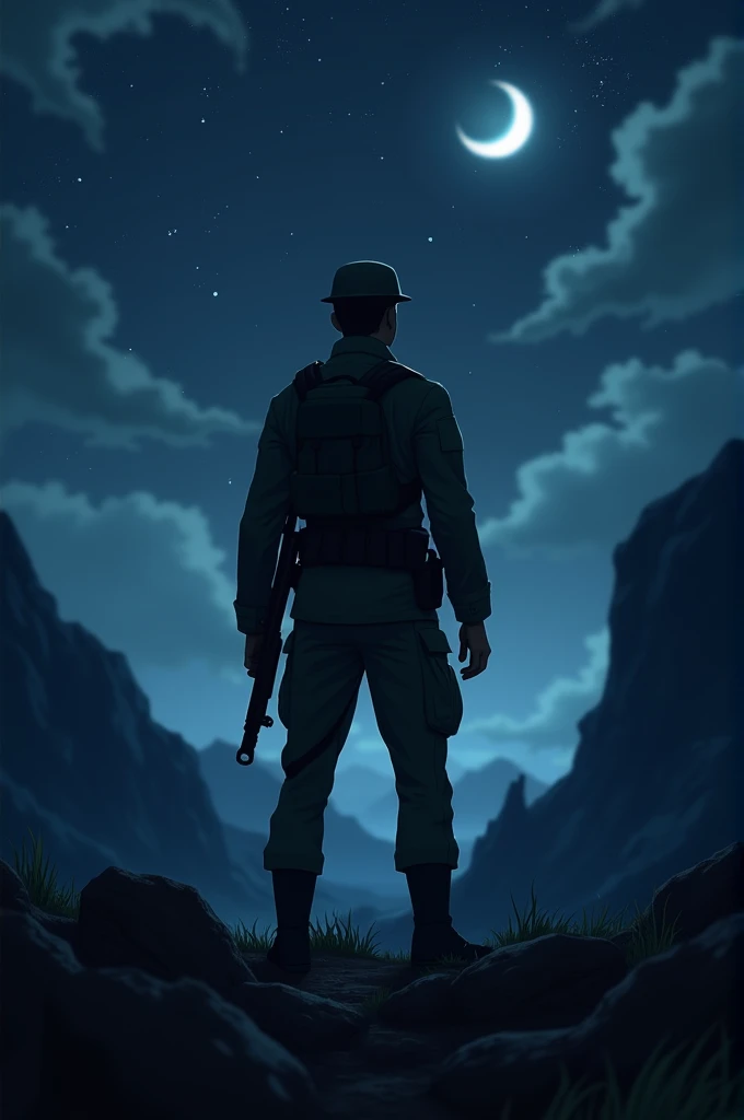 An animated soldier with his back turned at night