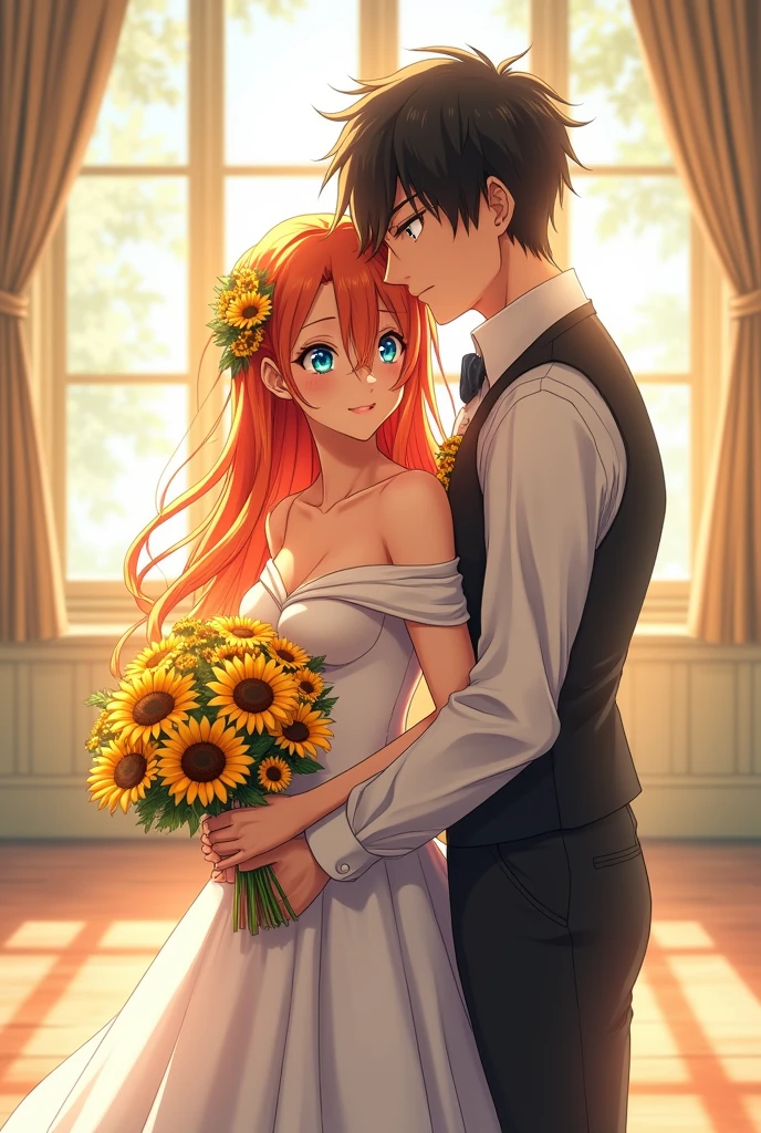 The girl with long orange hair and blue eyes wore a luxurious white off-the-shoulder wedding dress, holding a wedding bouquet made from a bouquet of sunflowers. She was standing next to a guy with slightly messy black hair, yellow eyes, cold face, wearing a vest and holding the girl's waist. The surrounding landscape is a room with lots of light and glass windows. anime characters