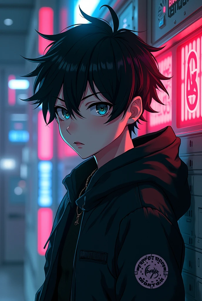 Anime boy, cyberpunk, in room, from head to waist , boy, logo, black hair