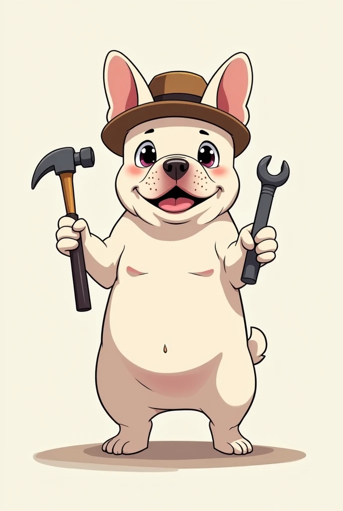 dog、White French Bulldog、Standing on two legs、Wearing a hat、holding a hammer in one hand、Standing posture、人間のようなStanding posture、Has a wrench in the shape、Anime Style