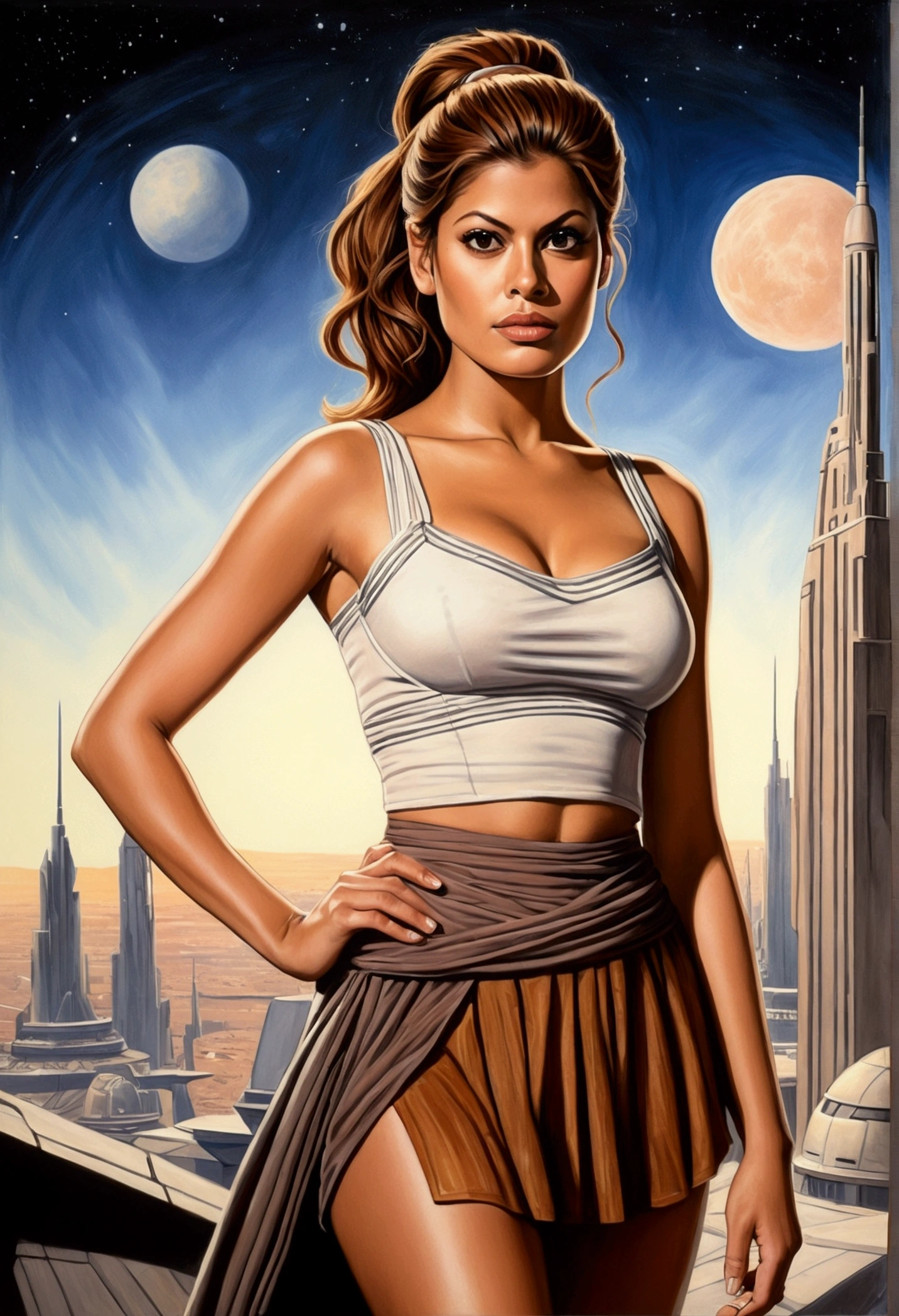 An illustrated movie poster, hand-drawn, full color, a teenage Jedi, 18-years-old, female, wearing a crop top and a skirt, athletic hourglass figure, busty bosoms, full wide hips, massive round butt, long shapely legs, ridiculously thick powerful thighs, hazel eyes, dark hair, curly ponytail, warm brown complexion, resembles Eva Mendes, standing above Coruscant, graphite shading, stencil marks, airbrushed acrylic paint, masterpiece, in the style of Drew Struzan 