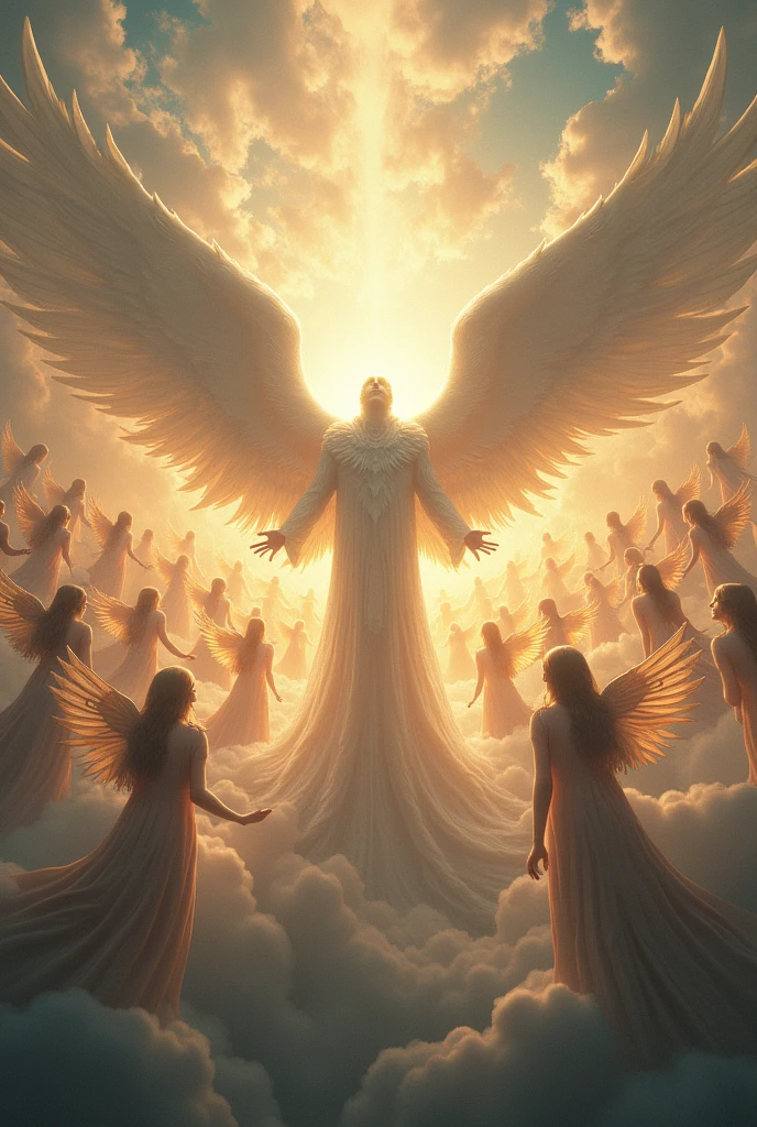 The image is a digital artwork featuring a central figure with wings surrounded by numerous angelic figures in a dramatic, fantastical scene.