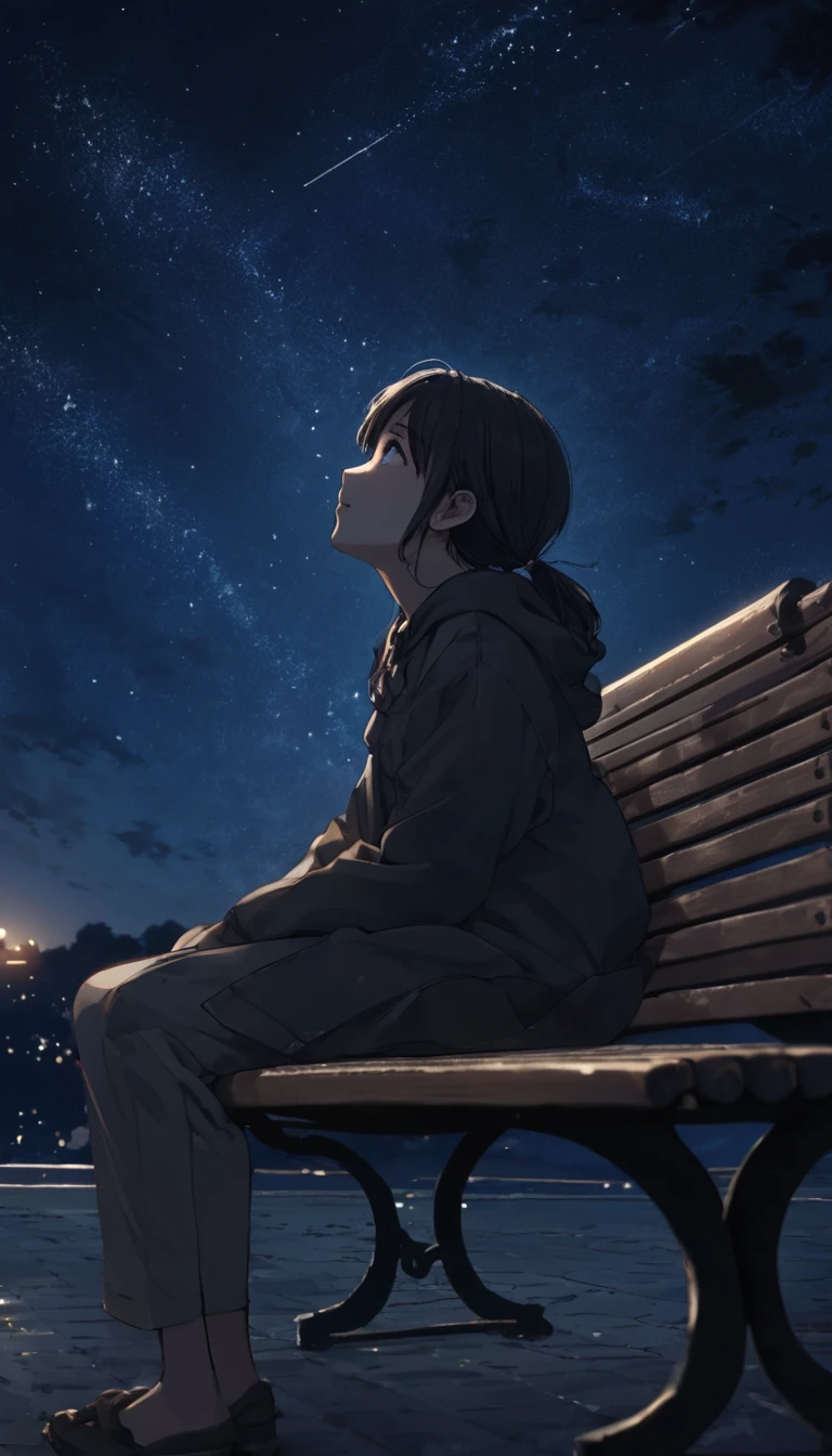 (((Sitting on a bench looking up at the night sky:1.37、Sitting on a bench looking up at the night sky:1.2、Gazing at the night sky:1.37、A little dark)))、One person'S、Extremely delicate facial and skin texture、White Summer Knitwear、Black long skirt、Everyday Scenes、Pleasant sunshine、In perfect harmony with nature、relaxation、(((Majestic summer night sky、Starry Sky、milky way、一筋のshooting star、shooting star:1.ung people、、Highest quality、masterpiece