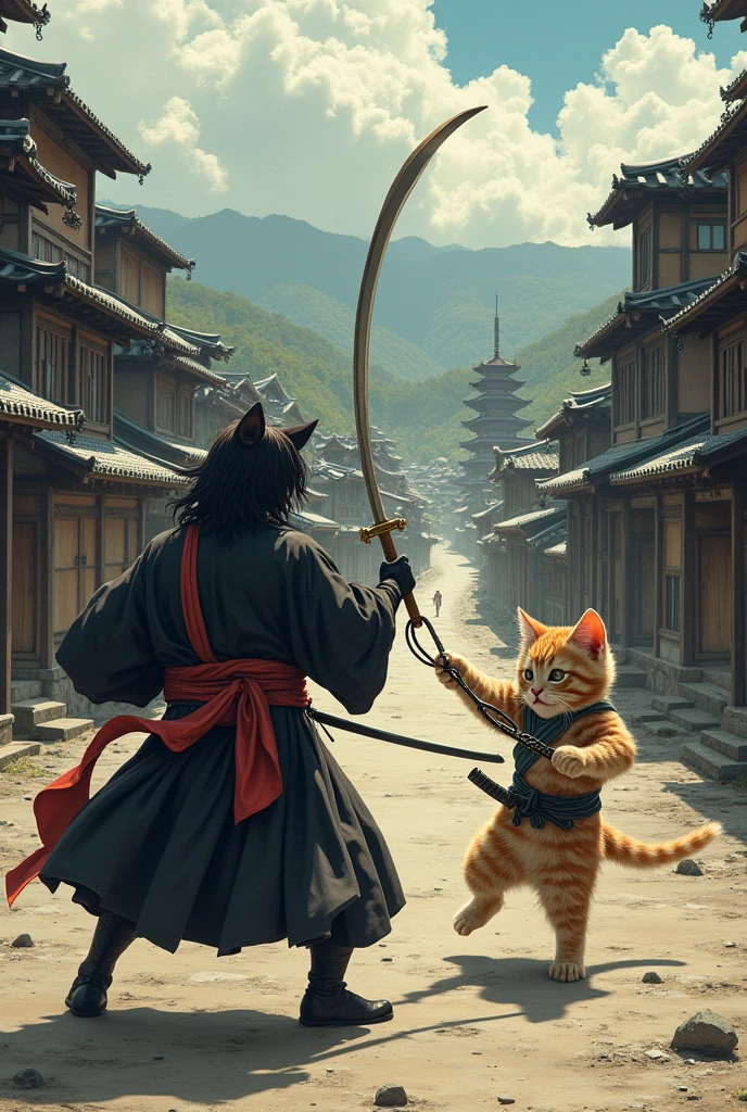 A cute kitten is swinging a chain、A cute kitten with a big head is boldly swinging a sickle on a long chain、The opponent is Miyamoto Musashi of the Niten Ichiryu school.、Fight、Kenshu、Old Japanese roads、Realistic