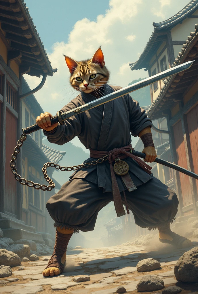 A cute kitten is swinging a chain、A cute kitten with a big head is boldly swinging a sickle on a long chain、The opponent is Miyamoto Musashi of the Niten Ichiryu school.、Fight、Kenshu、Old Japanese roads、Realistic