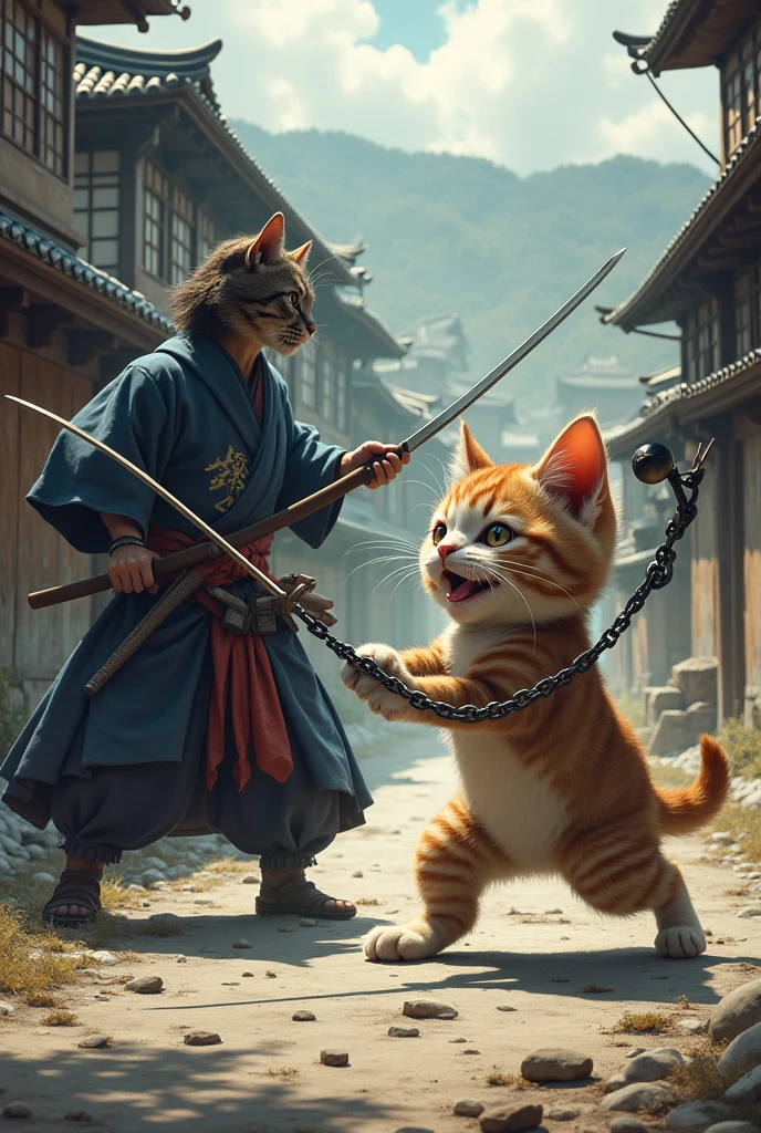 A cute kitten is swinging a chain、A cute kitten with a big head is boldly swinging a sickle on a long chain、The opponent is Miyamoto Musashi of the Niten Ichiryu school.、Fight、Kenshu、Old Japanese roads、Realistic