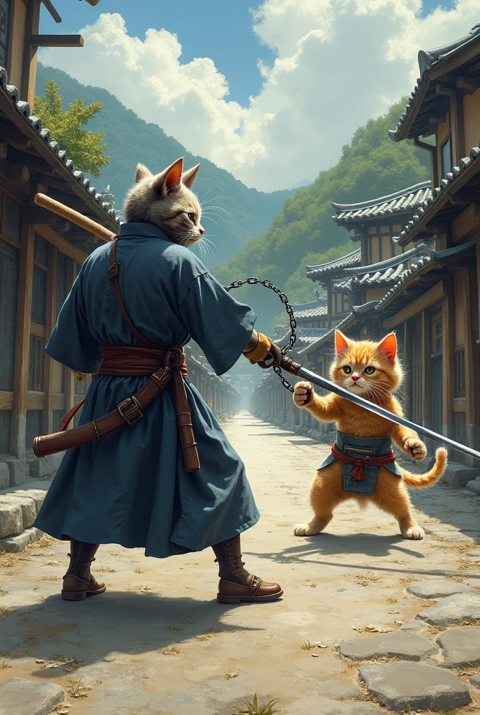 A cute kitten is swinging a chain、A cute kitten with a big head is boldly swinging a sickle on a long chain、The opponent is Miyamoto Musashi of the Niten Ichiryu school.、Fight、Kenshu、Old Japanese roads、Realistic