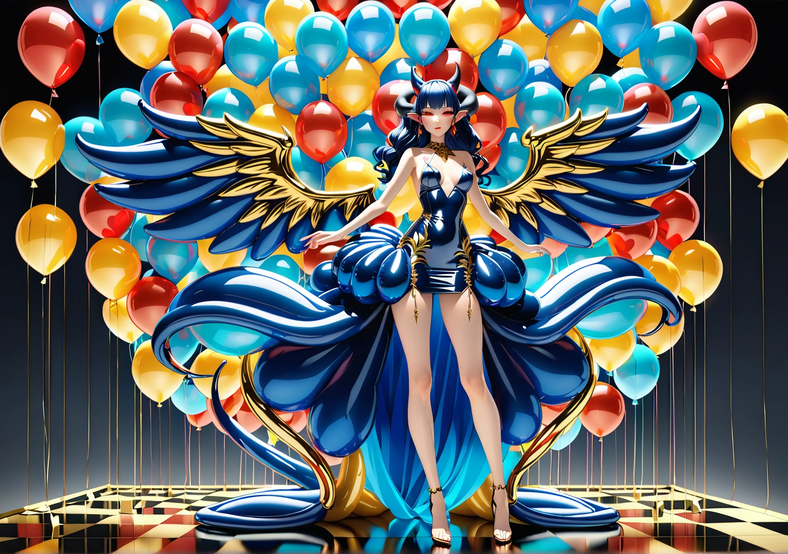 32k Balloon Succubus Japanese Adult Female 3d Transparent Rubber Gold Big Devil Wings Smooth Transparent Balloon Devil Tail Devil Horns Smooth Inflatable Girl Smooth Body Transparent Metal Dark Blue Gelcoat Dress Balloon Full Body View Front
