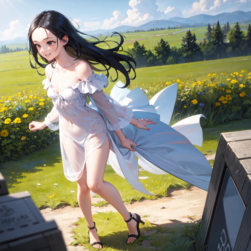 masterpiece, best quality, ultra-detailed,hyperrealistic,shiny skin,1girl,forehead,(plain forehead)+,black hair,long hair,black eyes,,(white dress,off shoulder summer dress)+,small breasts,dynamic angle,blowing in the wind,walking in the meadow,smile,fullbody shot,