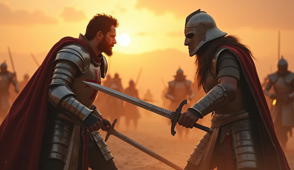 "A highly realistic, high-contrast, 8K HD, detailed, hyper-detailed image of a tense battle scene between the Crusader protagonist and the Lion-Emblazoned General. The Crusader, with his steel armor bearing a prominent red cross, has a stern expression, his dark hair and beard clearly visible as he confronts his foe. The Lion-Emblazoned General, clad in steel armor with a fierce lion emblem on his chest, keeps his face hidden behind a helmet, adding to his menacing presence. The two warriors are locked in a fierce one-on-one duel, swords clashing with sparks flying in the desolate desert battlefield. The setting sun casts long shadows, and the warm, orange light creates a dramatic contrast with the cold steel of their armors. Dust swirls around their feet, and the distant echoes of the ongoing battle heighten the tension. The image is of the highest quality, with ultra-high resolution, RAW photo quality, and Unreal Engine rendering, capturing the epic confrontation at the moment of its climax."