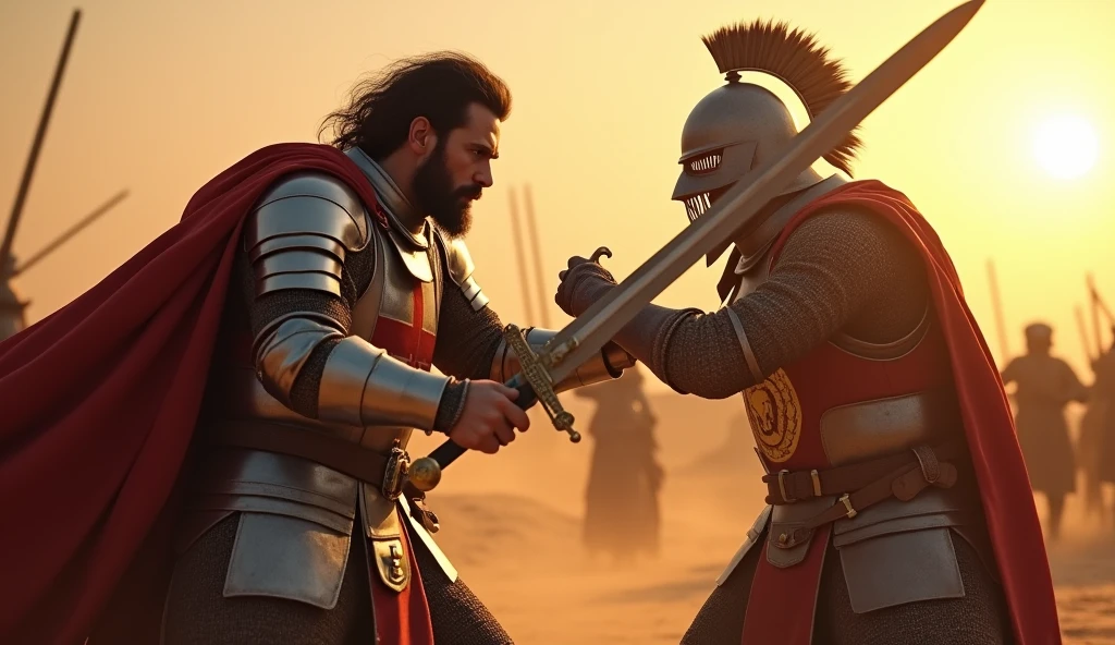 "A highly realistic, high-contrast, 8K HD, detailed, hyper-detailed image of a tense battle scene between the Crusader protagonist and the Lion-Emblazoned General. The Crusader, with his steel armor bearing a prominent red cross, has a stern expression, his dark hair and beard clearly visible as he confronts his foe. The Lion-Emblazoned General, clad in steel armor with a fierce lion emblem on his chest, keeps his face hidden behind a helmet, adding to his menacing presence. The two warriors are locked in a fierce one-on-one duel, swords clashing with sparks flying in the desolate desert battlefield. The setting sun casts long shadows, and the warm, orange light creates a dramatic contrast with the cold steel of their armors. Dust swirls around their feet, and the distant echoes of the ongoing battle heighten the tension. The image is of the highest quality, with ultra-high resolution, RAW photo quality, and Unreal Engine rendering, capturing the epic confrontation at the moment of its climax."