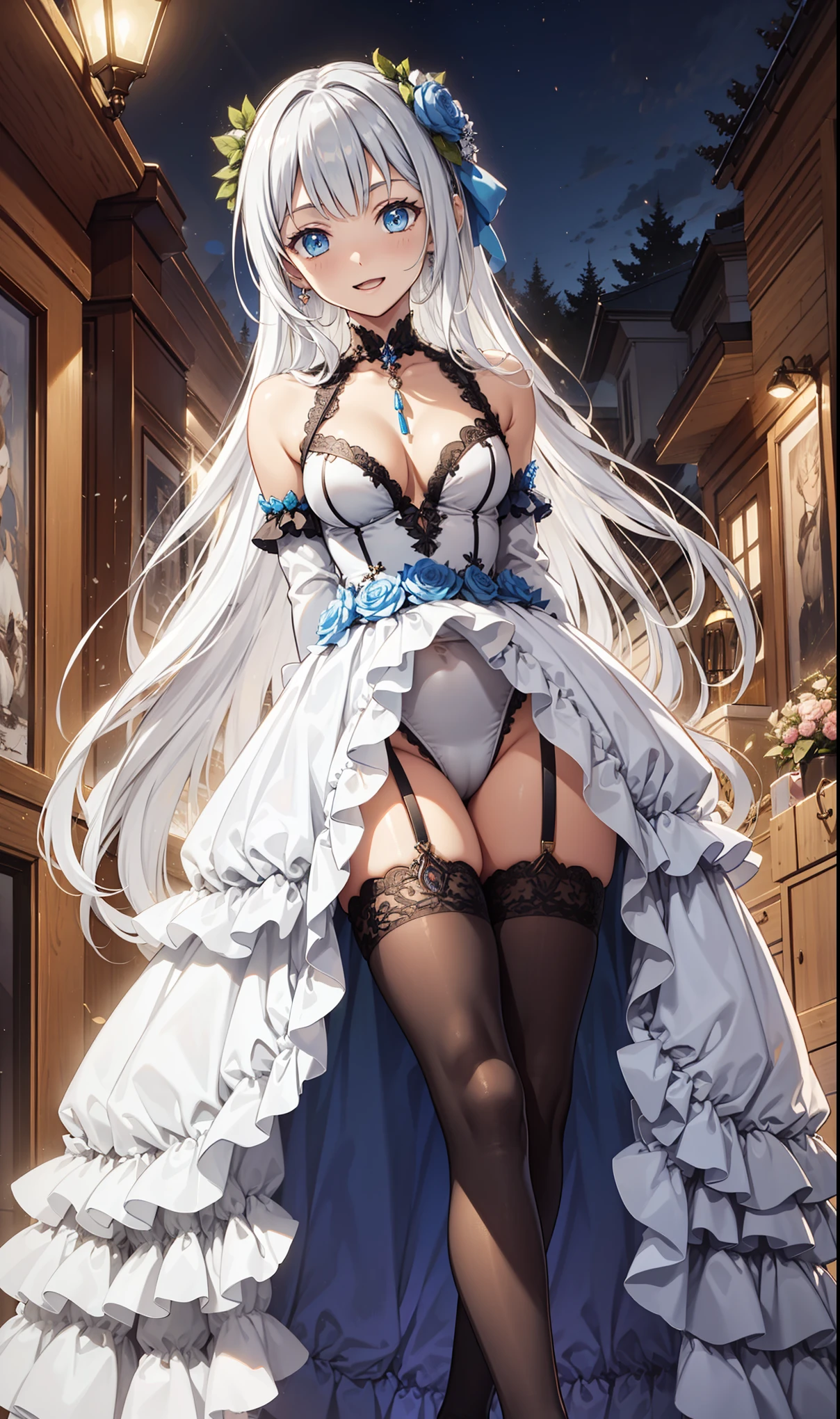 saints，Elegant and charming，Having fun，in love，White and blue magic dress，Silver Hair，blue eyes，Charm，Exquisite hair accessories，Transparent lace，night，Dress nicely，bedroom，night，Carved garter stockings，Super Detail