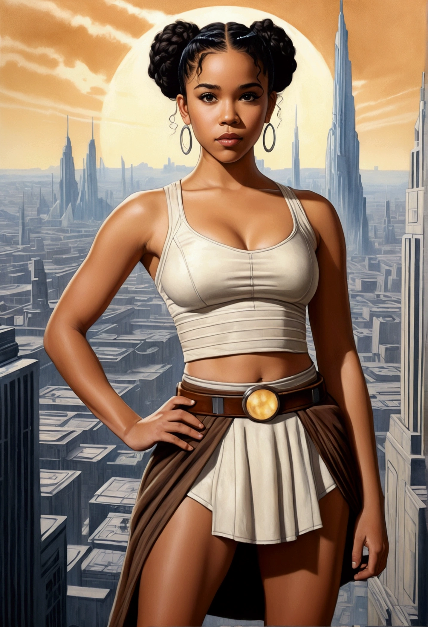 An illustrated movie poster, hand-drawn, full color, a teenage Jedi, 18-years-old, female, wearing a crop top and a skirt, athletic hourglass figure, busty bosoms, full wide hips, massive round butt, long shapely legs, ridiculously thick powerful thighs, hazel eyes, dark hair, curly ponytail, warm brown complexion, resembles Zendaya, standing above Coruscant, graphite shading, stencil marks, airbrushed acrylic paint, masterpiece, in the style of Drew Struzan