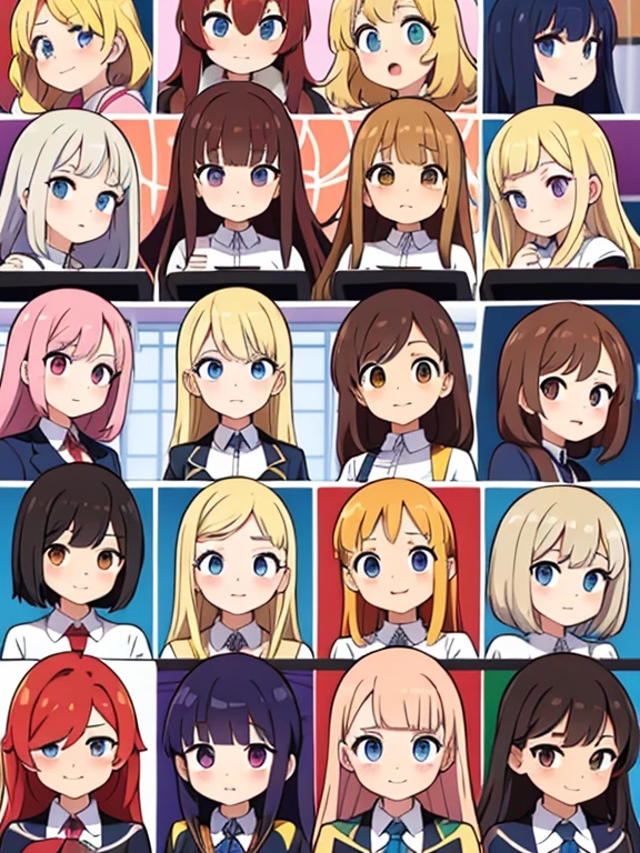 (Best quality, anime cover, genre everyday life, humor, masterpiece), group photo of 8 very different beautiful students in academy uniform, Photo for memory, different emotions, Free postures, interaction, Different hair colors(among them there is only one redhead, 3 blondes, 2 brown-haired and 2 brunettes), Different hairstyles, different hair lengths, different eye colors, Different physiques, Different breast sizes, (There&#39;s definitely 1 moody, flat-chested Asian brunette, 1 muscular blonde with short hair, 1 long haired redhead, 1 brunette hippie with pigtails, 1 brown-haired with a flat chest, 1 short round brown-haired woman), graduation photo album, beautiful faces, upper body, A group of girls laugh while looking at the viewer