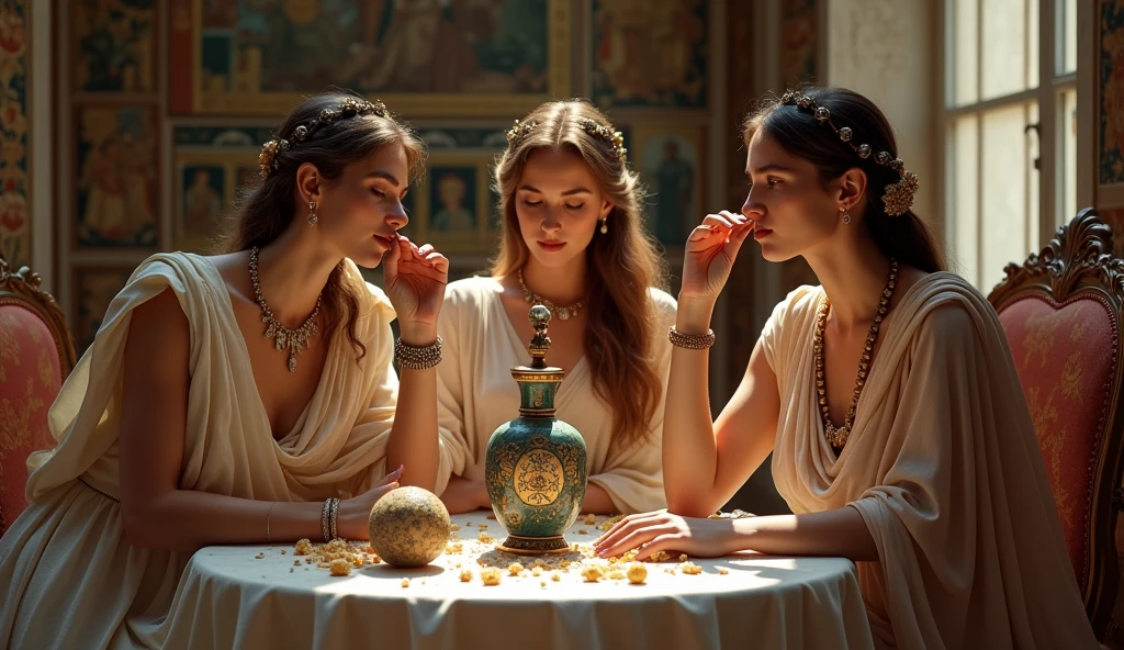 Women in ancient Rome testing perfume in a faience bottle 