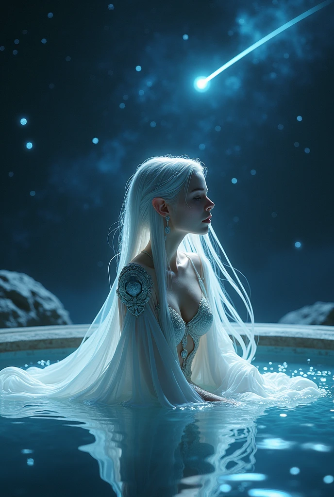Moon Elf, who bathes dressed, space and the milky way and a shooting star in the background, moonlit.