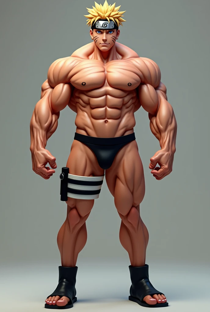 Create a Naruto in a thong with a muscular body, with muscular legs like a bodybuilder.