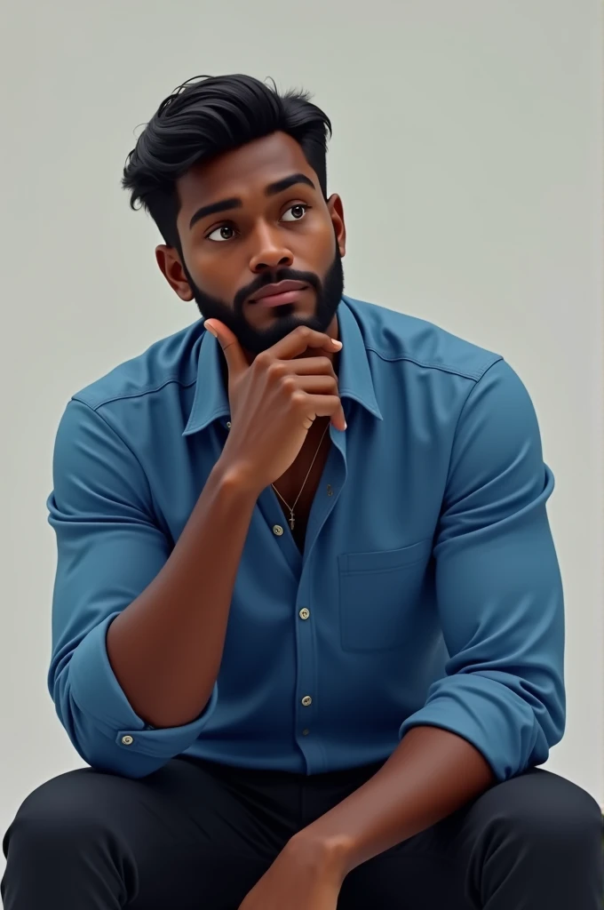 (smooth shading), 4K, hope but, ((detailded face, detailded, best qualityer, work of art, detailded anatomy, detailded eyes, detailded hands, perfect lighting, perfect shading)), entrepreneur, 1 men, ten mens, Dark brown skin body, Bblack hair, adult body, blue shirt and black pants, eyes browns, pensamento, left hand on chin, pensamento about a brainstorm, sitting not sofa