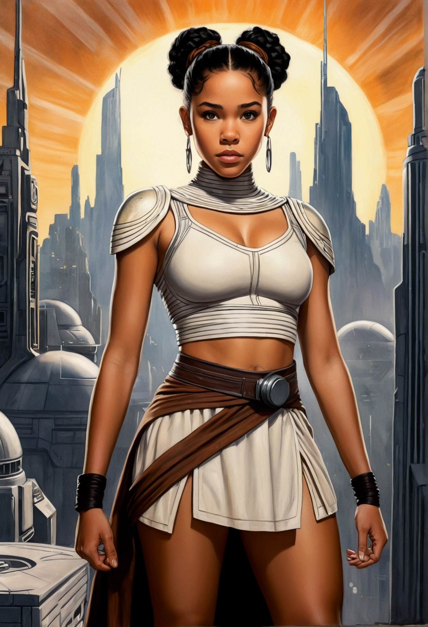 An illustrated movie poster, hand-drawn, full color, a teenage Jedi, 18-years-old, female, wearing a crop top and a skirt, athletic hourglass figure, busty bosoms, full wide hips, massive round butt, long shapely legs, ridiculously thick powerful thighs, hazel eyes, dark hair, curly ponytail, warm brown complexion, resembles Alexandra Shipp, standing above Coruscant, graphite shading, stencil marks, airbrushed acrylic paint, masterpiece, in the style of Drew Struzan 
