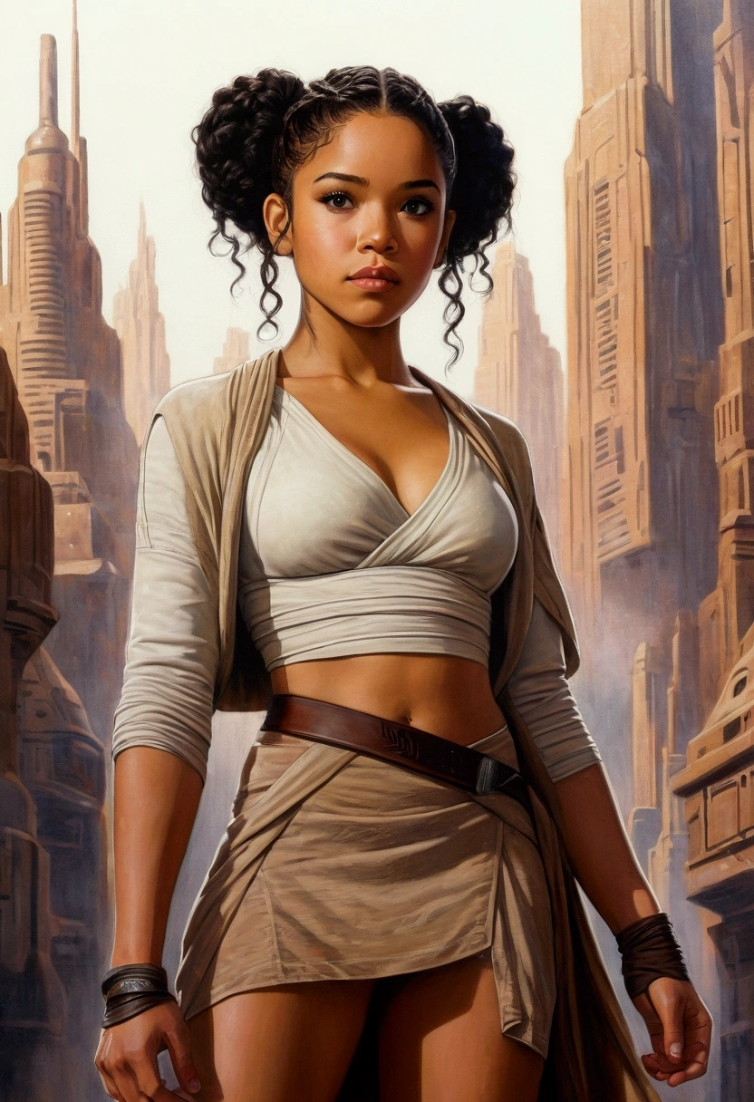 An illustrated movie poster, hand-drawn, full color, a age Jedi, 18-years-old, female, wearing a crop top and a skirt, athletic hourglass figure, busty bosoms, full wide hips, massive round butt, long shapely legs, ridiculously thick powerful thighs, hazel eyes, dark hair, curly ponytail, warm brown complexion, resembles Alexandra Shipp, standing above Coruscant, graphite shading, stencil marks, airbrushed acrylic paint, masterpiece, in the style of Drew Struzan 
